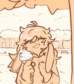 anthro clothing eyes_closed female food forest glistening glistening_hair hair hoodie ice_cream_cone long_ears long_hair plant smile smiling_at_viewer solo topwear tree bunondemand bailey_(bunondemand) lagomorph leporid mammal rabbit