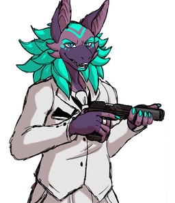 anthro clothing gun handgun male pistol ranged_weapon ring silencer snout solo suit weapon white_clothing white_suit zimakum heveren colored_sketch hi_res sketch