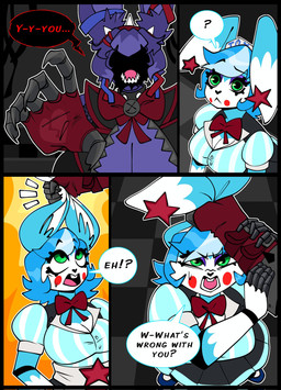 anthro breasts claws clothing crossgender duo female female/female fingerless_gloves gloves green_eyes gynomorph gynomorph/female hair handwear imminent_rape imminent_sex intersex intersex/female machine mtf_crossgender sharp_teeth short_hair speech_bubble teeth text tongue gallo_wazavi five_nights_at_freddy's five_nights_at_freddy's_2 scottgames toy_bonnie_(fnaf) withered_bonnie_(fnaf) animatronic lagomorph mammal robot comic english_text hi_res
