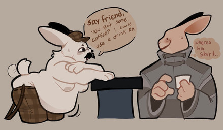 anthro clothing duo facial_hair fur headgear headwear male overweight overweight_male text deadmeatboar animal_hospital roblox barney_(animal_hospital) intern_(animal_hospital) lagomorph leporid mammal rabbit english_text