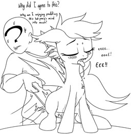 ?_face bite biting_lip biting_own_lip blush bodily_fluids butt_slap dialogue duo eyes_closed female fur insect_wings lips male self_bite slap spanking sweat text tuft wings stoic5 hasbro my_little_pony anon fan_character bat_pony equid equine horse human mammal pony english_text monochrome