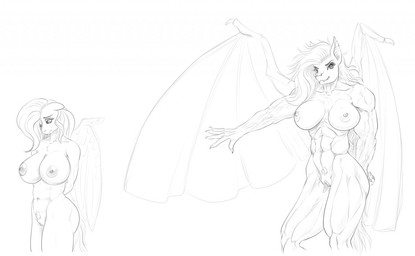 abs anthro biceps big_breasts breasts fangs feathered_wings feathers female genitals membrane_(anatomy) membranous_wings muscular muscular_anthro muscular_female navel nipples nude pubes simple_background smile solo teeth vulva white_background wings hellbridge friendship_is_magic hasbro my_little_pony mythology flutterbat_(mlp) fluttershy_(mlp) equid equine mammal mythological_creature mythological_equine pegasus vampire monochrome sketch