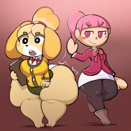anthro big_butt bottomwear bow_(feature) breasts butt butt_slap clipboard clothing duo female female_human footwear hair holding_clipboard holding_object huge_butt huge_thighs hyper hyper_thighs medium_breasts monotone_bottomwear monotone_clothing monotone_skirt pencil_skirt pink_hair shirt shoes simple_background skirt slap spanking string_bow thick_thighs topwear weight_difference wide_hips yellow_body royaloppai animal_crossing nintendo isabelle_(animal_crossing) villager_(animal_crossing) canid canine canis domestic_dog human mammal 2018 absurd_res digital_media_(artwork) hi_res