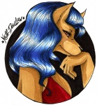 anthro blue_hair breasts circle female hair looking_at_viewer red_eyes side_boob side_view simple_background solo white_background kevin_and_kell kell_dewclaw canid canine canis mammal wolf 2008 bust_portrait portrait traditional_media_(artwork)