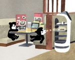 5_fingers ambiguous_gender black_body black_fur booth duo eyes_closed feral fingers food fur furniture holding_menu machine menu multicolored_body restaurant scent sitting sniffing table two_tone_body white_face young tsuchika bear bellabot mammal robot 2025 5:4