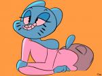 anthro bent_over blue_body blue_fur bottomwear butt clothed clothing coy female fur leaning mature_anthro mature_female off_shoulder orange_background pants simple_background smile smug solo sweater topwear coekj_(artist) cartoon_network the_amazing_world_of_gumball nicole_watterson domestic_cat felid feline felis mammal 4:3