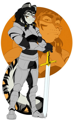 anthro armor black_hair clothed clothing fur grey_body grey_fur hair male melee_weapon pink_nose simple_background solo sword weapon white_background evonallure felid leopard mammal pantherine