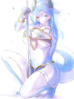 4_toes anthro big_breasts big_tail bottomwear breasts chest_tuft claws clothed clothing feet female fur furgonomics hair horn long_hair narrowed_eyes pole skimpy skirt solo stripper_pole tail tail_through_skirt thick_tail toes tuft under_boob tubasa mythology dragon furred_dragon furred_scalie mythological_creature mythological_scalie scalie 2021 3:4 hi_res