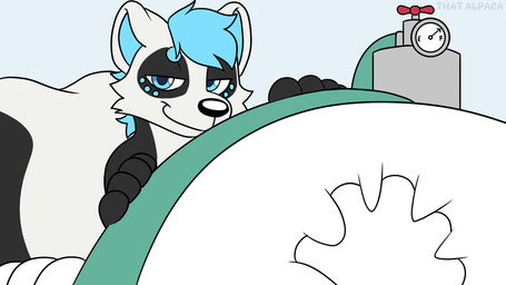 anthro blinking_at_viewer blue_hair grin hair hose hose_in_mouth inflation looking_at_viewer offscreen_character smile text tube_bulge that_alpaca skonky mammal mephitid skunk 16:9 2026 animated artist_name hi_res loop seamless_loop widescreen