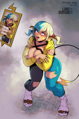 anthro big_breasts breasts clothing covering covering_breasts embarrassed female footwear hair livestream mid_transformation multicolored_hair pigtails public public_exposure recording shoes solo species_transformation tail torn_clothing transformation yellow_cheeks lordburqan nintendo pokemon pokemon_legends_z-a canari_(pokemon) generation_1_pokemon generation_4_pokemon human mammal pokemon_(species) raichu rotom rotom_phone hi_res