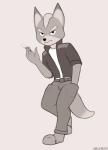 anthro belt cigarette clothing iroquois jacket leaning male military serious smoking solo topwear arwokom nintendo star_fox fox_mccloud canid canine fox mammal hi_res