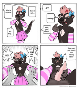 ambiguous_gender ambiguous_pov angry anthro anthro_pov arm_warmers armwear biped blush bottomwear claws clothed clothing crossdressing dialogue dominant dominant_anthro dominant_male duo erection eyes_mostly_closed femboy finger_claws fingers first_person_view footwear genitals girly_dominant hair humanoid_hands impact_lines josou_seme legwear looking_at_viewer low-angle_view male misgendering narrowed_eyes otter_penis pattern_clothing pattern_footwear pattern_legwear pattern_socks penis pink_bottomwear pink_clothing pink_skirt short_hair shout shy skirt smile smirk socks speech_bubble striped_clothing striped_footwear striped_socks stripes talking_to_viewer tan_hair text thigh_highs thigh_socks nikraccoom anthro_anon mammal mustelid otter 2025 artist_name comic english_text hi_res