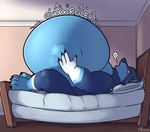 abdominal_bulge anthro bed bedroom blush breath furniture hand_on_belly male mattress overweight rumbling_stomach solo text thick_thighs tanio canid canine canis mammal wolf 2024