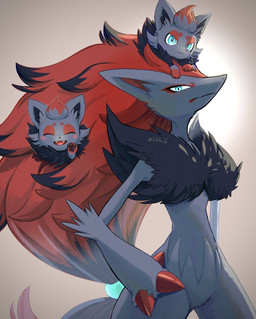 ambiguous_gender anthro black_pawpads blue_eyes blush carrying_another chest_fur eye_contact feral fur grey_body grey_fur group hair hand_on_hip long_hair looking_at_another on_head pawpads red_body red_fur red_hair simple_background skinny slim smile smiling_at_viewer standing tan_background trio o_hitu_g nintendo pokemon generation_5_pokemon pokemon_(species) zoroark zorua 2025 digital_media_(artwork) hi_res signature parent_(lore)