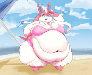 3_toes 5_fingers anthro beach beach_umbrella belly belly_overhang belly_rolls big_belly big_breasts bikini blue_eyes breasts chubby_cheeks clothing cute_fangs deep_navel double_chin fangs fat_rolls feet female fingers fur hair huge_belly huge_breasts huge_hips huge_thighs looking_at_viewer morbidly_obese morbidly_obese_anthro morbidly_obese_female navel obese obese_anthro obese_female overweight overweight_anthro overweight_female parasol pink_bikini pink_body pink_clothing pink_fur pink_hair pink_swimwear ribbons smile smiling_at_viewer solo swimwear teeth thick_thighs tight_clothing toes two-piece_swimsuit white_belly white_body white_fur wide_hips kamisoriga nintendo pokemon eeveelution generation_6_pokemon pokemon_(species) sylveon absurd_res hi_res