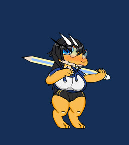 2_horns anthro big_breasts black_hair blue_eyes blush bottomwear breasts camel_toe clothing digitigrade eyelashes eyelashes_through_hair eyewear fangs female female_anthro fingernails glasses hair horn lipstick long_hair makeup nails scuti shorts solo teeth thick_thighs translucent translucent_hair yellow_body empire reptile scalie absurd_res alpha_channel hi_res