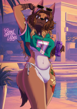 anthro bikini bikini_bulge bracelet bulge clothing eyewear gradient_hair gynomorph hair intersex jewelry looking_at_viewer neon_sign o-ring_bikini shirt sign solo sunglasses sunset swimming_pool swimwear tattoo topwear two-piece_swimsuit felinefox_(artist) gta_vi_cover_girl monster_energy josie_dubois canid canine canis domestic_dog herding_dog malinois_dog mammal pastoral_dog sheepdog absurd_res hi_res trans_(lore) trans_woman_(lore)