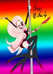 alternate_rainbow_pride_colors breasts clothed clothing dancing female lgbt_pride looking_at_viewer one_eye_closed pole pole_dancing pride_colors rainbow rainbow_pride_colors solo wink red_panda_qt hazbin_hotel molly_(hazbin_hotel) animal_humanoid arachnid arachnid_humanoid arthropod arthropod_humanoid demon humanoid spider_humanoid absurd_res hi_res