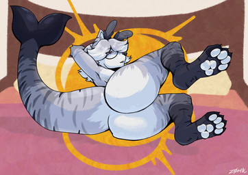 anthro bed big_butt bodily_fluids butt eyewear furniture glasses looking_at_viewer male on_bed paws rear_view shark_tail simple_background solo sweat sweatdrop zomx isabelle_(isasharg) arthropod canid canine canis insect lepidopteran mammal moth wolf hi_res