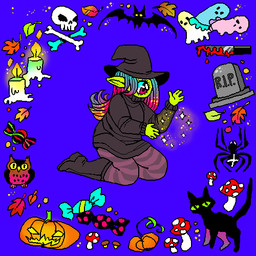 alternative_fashion ambiguous_feral ambiguous_gender blood blue_background bodily_fluids bone boots candle candy clothed clothing dessert female female_humanoid feral fire food footwear fruit fungus goth group hair hat headgear headwear holidays humanoid_pointy_ears jack-o'-lantern knife leaf multicolored_hair mushroom not_furry_focus plant pointy_ears pumpkin shoes simple_background skull skull_and_crossbones tombstone witch_hat suippupupu halloween arachnid arthropod avian bat bird cyclops domestic_cat felid feline felis ghost humanoid mammal owl spider spirit 1:1 2019 aliasing digital_media_(artwork) low_res oekaki