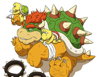 anthro bandage group kemono male overweight overweight_male scar simple_background sitting white_background gadoran mario_bros nintendo bowser dragon_koopa koopa koopa_troopa scalie 2015