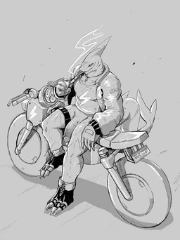 anthro cigarette clothed clothing flaccid foreskin genitals humanoid_genitalia humanoid_penis looking_at_viewer male motorcycle partially_clothed penis sitting solo vehicle vein veiny_penis agitype01 aquatic fish shark 2020 hi_res monochrome
