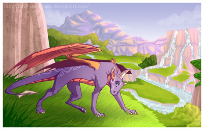 3_fingers 3_toes 4_horns blade border cliff detailed_background digitigrade facial_markings feet female feral fingers forehead_markings frill_(anatomy) grass green_eyes head_crest head_frill head_markings horn landscape looking_at_viewer markings membrane_(anatomy) membranous_wings mountain multi_horn orange_wings plant quadruped solo spine_markings tail tail_blade tapering_tail toes waterfall weapon_tail white_border wings lord-starryface activision european_mythology mythology spyro_the_dragon the_legend_of_spyro fan_character dragon mythological_creature mythological_scalie scalie western_dragon 2013 absurd_res hi_res