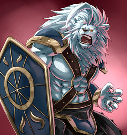 abs anthro armor belt biceps biped bracelet chest_tuft claws clothing fangs fantasy fur hair jaws jewelry male muscular muscular_anthro muscular_male pecs pose shield solo standing teeth tuft warrior weapon yellow_eyes sky_gomi felid lion mammal pantherine
