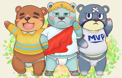 anthro balls_outline blue_body blue_fur blue_seam_briefs blush briefs brown_body brown_fur bulge chibi clothing colored_seam_underwear detailed_bulge eyes_closed fur genital_outline group kemono male penis_outline red_seam_briefs shirt slightly_chubby tighty_whities topwear underwear white_briefs white_clothing white_underwear inusawa animal_crossing nintendo curt_(animal_crossing) klaus_(animal_crossing) teddy_(animal_crossing) bear mammal 2021