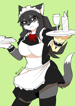 anthro bone_arm bone_hand bow_tie bracelet clothing crossgender dress female glass hair jewelry maid_apron maid_headdress maid_uniform mtf_crossgender plate serving simple_background skeleton_hand solo tail uniform catkitte bonehand_(catkitte) domestic_cat felid feline felis mammal 2022 digital_drawing_(artwork) digital_media_(artwork) hi_res signature