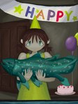 ambiguous_gender balloon birthday birthday_cake cake clothed clothing dessert dress duo female feral food holding_fish inflatable mimill3 coelacanth fish human lobe-finned_fish mammal marine hi_res