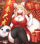 anthro big_breasts blonde_hair breasts chest_tuft cleavage clothed clothing crossed_legs eyewear female fur hair inner_ear_fluff legwear monocle one_eye_closed solo thigh_highs tuft white_body white_fur wink shibaemonxsk canid canine mammal hi_res