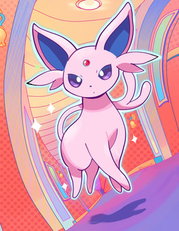 ambiguous_gender blue_inner_ear feral forked_tail inside looking_at_viewer monotone_body pink_body pink_nose purple_eyes quadruped solo tail unusual_anatomy unusual_tail komanyachi nintendo pokemon eeveelution espeon generation_2_pokemon pokemon_(species) colored digital_drawing_(artwork) digital_media_(artwork) hi_res shaded