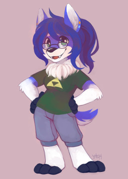 anthro barefoot black_nose blue_hair bottomwear breasts chibi clothing ear_piercing eyewear fangs feet female glasses green_clothing green_eyes green_shirt green_t-shirt green_topwear grey_bottomwear grey_clothing grey_shorts hair hands_on_own_hips inner_ear_fluff long_hair looking_at_viewer neck_tuft open_mouth open_smile piercing plantigrade ponytail print_clothing print_shirt print_t-shirt print_topwear purple_background rectangular_glasses red_tongue shirt shorts simple_background smile smiling_at_viewer solo t-shirt tail teeth tongue topwear triforce triforce_print triforce_shirt triforce_symbol tuft wearing_glasses white_inner_ear_fluff darmp nintendo the_legend_of_zelda canid canine canis domestic_dog mammal 2014 digital_media_(artwork) digital_painting_(artwork) full-length_portrait hi_res painting_(artwork) portrait shaded