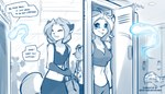 anthro bag black_sclera blep bra breasts chest_tuft cleavage clothed clothing dialogue duo_focus eyes_closed female fur gloves_(marking) group in_locker locker locker_room markings midriff navel smile sports_bra spots spotted_body spotted_fur text tongue tongue_out tuft underwear conditional_dnp tom_fischbach twokinds kathrin_vaughan laura_(twokinds) willow_wisp canid canine fox keidran mammal red_fox spirit true_fox will-o'-the-wisp 2023 7:4 adobe_photoshop_(artwork) blue_and_white digital_media_(artwork) english_text hi_res monochrome sketch