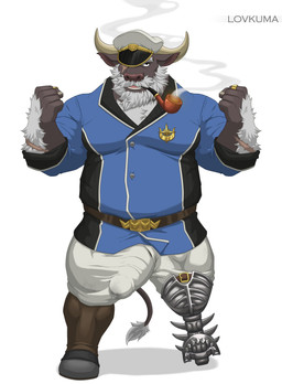 amputee anthro arm_hair beard belt bodily_fluids body_hair bulge chest_hair clothing disability facial_hair genital_fluids hat headgear headwear horn male mustache pegleg pipe precum prosthetic prosthetic_leg prosthetic_limb sailor scar smoking solo lovkuma lifewonders tokyo_afterschool_summoners ahab_(tas) bovid bovine cape_buffalo mammal absurd_res hi_res