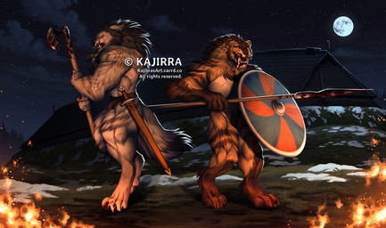 4_toes 5_fingers anthro axe black_hair black_nose blood bodily_fluids bottomwear brown_body brown_fur clothed clothing duo fangs feet female fingers fire full_moon fur grey_body grey_fur hair hindpaw humanoid_hands loincloth male melee_weapon moon night paws polearm sabertooth_(anatomy) shield spear sword teeth toes topless topless_anthro topless_female weapon kajirra mjodvitnir tora_(mjodvitnir) canid canine canis felid mammal prehistoric_species saber-toothed_tiger wolf