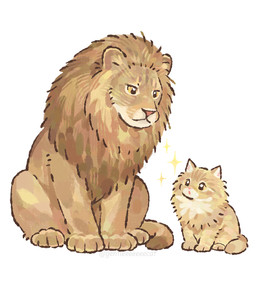 ambiguous_gender brown_body brown_fur duo feral fur looking_at_another mane open_mouth pink_nose quadruped simple_background sitting size_difference snout white_background yellow_body yellow_eyes yellow_fur gentleeeeeeecat domestic_cat felid feline felis lion mammal pantherine colored digital_drawing_(artwork) digital_media_(artwork) hi_res shaded