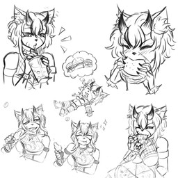 anthro beverage bubble_tea burger drinking eating female fluffy fluffy_hair food hair happy horn long_hair multiple_expressions pizza solo tail koto_art diane_hellish demon felid feline mammal 1:1 black_and_white hi_res monochrome sketch