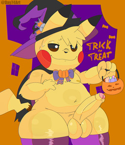 anthro balls belly bodily_fluids bow_tie candy cape clothing dessert erection food foreskin genitals hat head_tuft headgear headwear holding_object holidays humanoid_genitalia humanoid_penis legwear looking_at_viewer male navel nipples penis slightly_chubby smile solo sweat sweatdrop tail thick_thighs thigh_highs tuft witch_hat yellow_body day74art halloween nintendo pokemon generation_1_pokemon mammal mouse murid murine pikachu pokemon_(species) rodent hi_res
