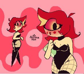 1_eye big_eyes blush choker clothing female fishnet_clothing fishnet_leggings fishnet_legwear hair jewelry leggings legwear looking_at_viewer looking_back looking_back_at_viewer necklace red_hair solo arsinnamon hazbin_hotel hellaverse niffty_(hazbin_hotel) cyclops demon humanoid sinner_demon absurd_res digital_drawing_(artwork) digital_media_(artwork) hi_res