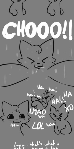 ambiguous_gender anthro dialogue grey_background homophobic_slur laugh laughing_at_viewer lying male on_back onomatopoeia simple_background sneeze sneezing_at_viewer sneezing_fetish solo sound_effects text lspagf boy_kisser_(meme) domestic_cat felid feline felis mammal absurd_res english_text hi_res meme monochrome