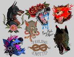 ambiguous_gender american_traditional bodily_fluids drooling fangs feral fire flower group humor plant pun rope rose_(flower) saliva sharp_teeth snarling snout tattoo_design teeth text ukiyo-e whiskers colfaxwulffy canid canine canis domestic_dog mammal wolf english_text hi_res