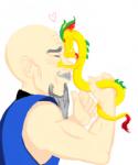 bald blush duo eyes_closed facial_hair goatee hair happy head_bump heart_symbol interspecies legless male male/male mustache red_hair yellow_body fergerking asian_mythology east_asian_mythology mythology xiaolin_chronicles xiaolin_showdown dojo_kanojo_cho fung master_fung dragon eastern_dragon human mammal mythological_creature mythological_scalie scalie close_(disambiguation)