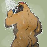 5_fingers anthro black_hair brown_body brown_fur butt facial_hair fingers fur hair male muscular muscular_anthro muscular_male nude open_mouth rear_view red_hair shower simple_background smile solo teeth tongue tusks water wet fb1907 junichi mammal suid suine sus_(pig) wild_boar 1:1 2018