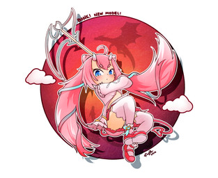 accessory bent_arm bent_legs blue_eyes blue_ribbon blush breasts clothed clothed_female clothed_humanoid clothing eyebrow_through_hair eyebrows eyelashes female footwear fully_clothed fully_clothed_female fully_clothed_humanoid hair hair_accessory hair_ribbon horn light long_hair midair mouth_closed not_furry outline pigtails pink_clothing pink_eyebrows pink_hair pink_horn pink_knee_socks pink_shirt pink_tail pink_topwear pose red_clothing red_footwear red_shoes ribbons shirt shoes simple_background small_breasts solo spade_tail tail tan_body tan_skin text topwear translucent translucent_hair white_background white_outline kjh_22 vtuber chibidoki horned_humanoid humanoid tailed_humanoid 2022 chinese_description colored digital_drawing_(artwork) digital_media_(artwork) english_description english_text hi_res lighting shaded signature