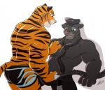 anthro biceps bottomwear clothed clothing countershading duo fur grope hat headgear headwear male male/male melanistic muscular muscular_male open_bottomwear open_clothing open_pants pants pecs shorts striped_body striped_fur stripes topless undressing zootopia_shorts greydaboy disney zootopia renato_manchas tiger_dancer_(zootopia) felid jaguar mammal pantherine tiger 2018 digital_media_(artwork)