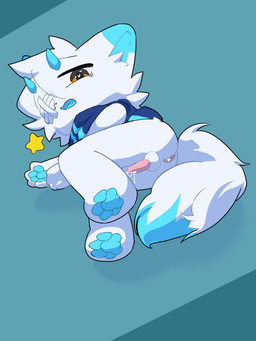 anthro anus balls blue_pawpads bodily_fluids cum cum_in_ass cum_inside erection fur genital_fluids genitals horn kemono lying male on_side open_mouth pawpads penis simple_background solo star tail white_body white_fur white_tail young whicker starleap species_request 3:4 hi_res