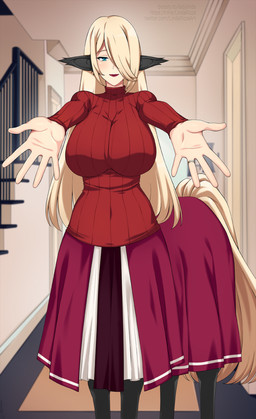 big_breasts blush bottomwear breasts clothed clothing detailed_background female female_taur fingers hair inside looking_at_viewer open_mouth pupils quadruped skirt smile solo spread_arms tail three-quarter_view topwear lindaroze european_mythology greek_mythology mythology centaur equid equid_taur humanoid_taur mammal mammal_taur taur hi_res