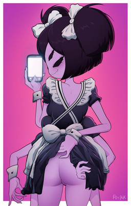 barely_visible_genitalia barely_visible_vulva bottomless cellphone clothed clothing clothing_lift electronics female genitals maid_uniform multi_arm multi_eye multi_limb no_underwear non-mammal_vulva phone presenting purple_body ribbons simple_background smartphone smile solo uniform vulva p0stalk undertale undertale_(series) muffet animal_humanoid arachnid arachnid_humanoid arthropod arthropod_humanoid humanoid spider_humanoid 2026 absurd_res hi_res